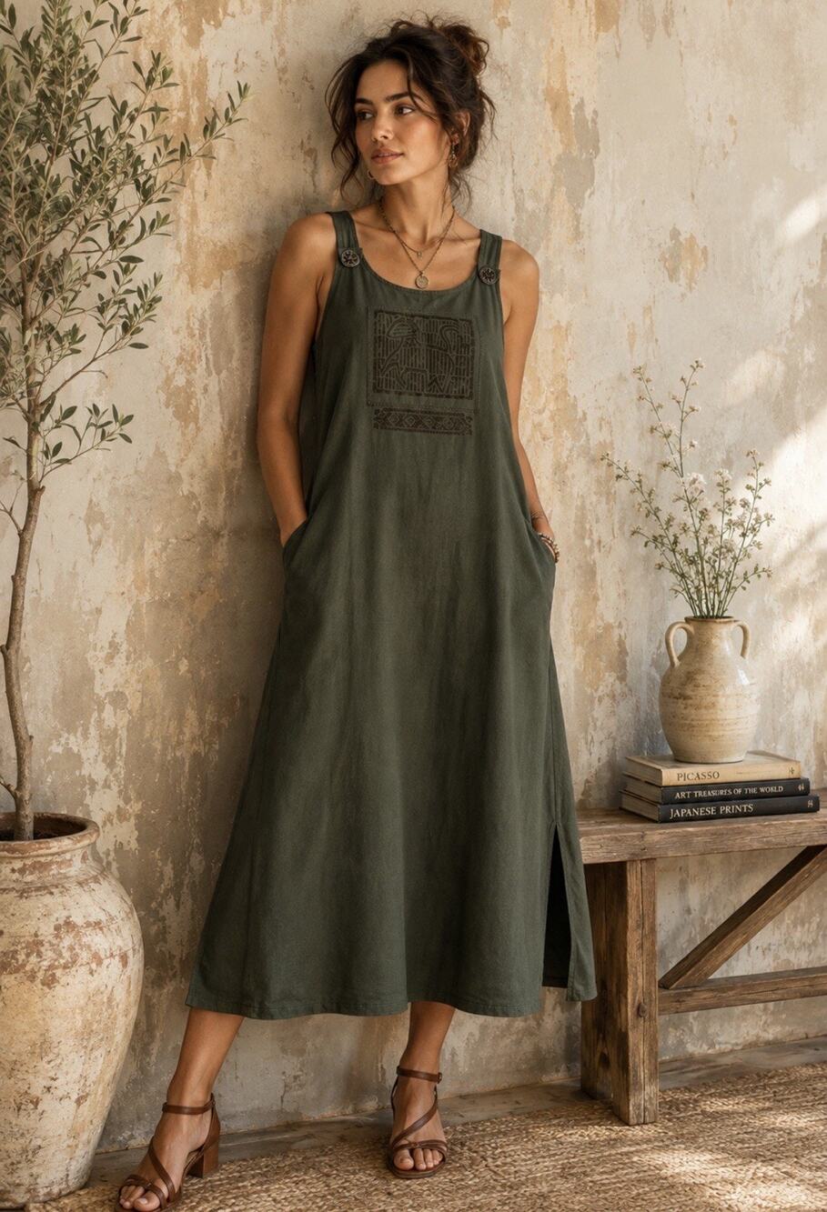 Vintage Nina Piccalino Jumper Dress 10 Green Cotton Animal Applique Maxi USA